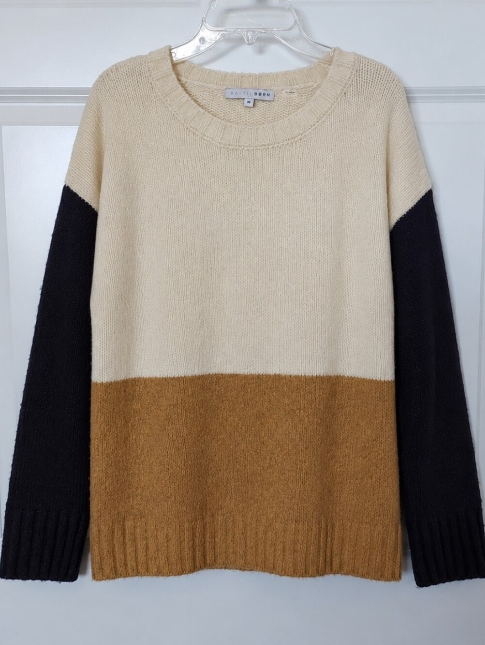 Soft Plush Baltic Born Randi Brushed Knit Sweater Color Block Cream Navy Camel
